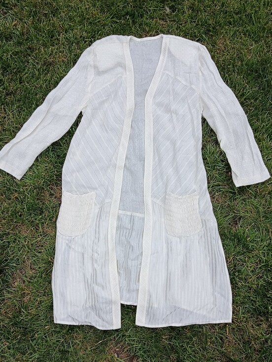 Vintage Tops - Vintage Textured Gauze Duster Jacket White Open Front Boho Artsy Layering Piece